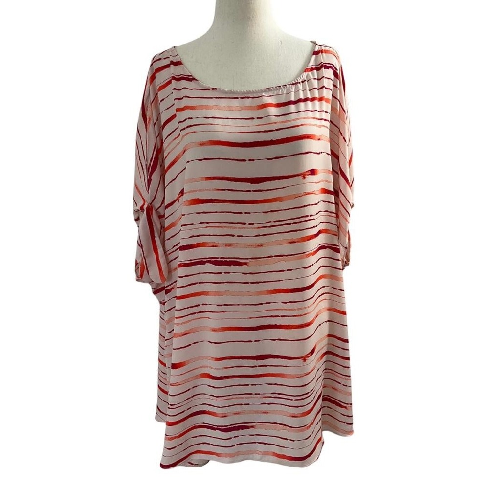 Apt. 9 Womens 3X Red Orange Striped Dolman Sleeve Tie Cuff Blouse Top | 0236